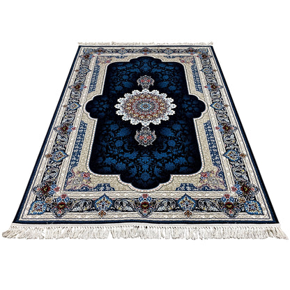 Oriental rug in navy blue with a central medallion, border pattern, and fringes