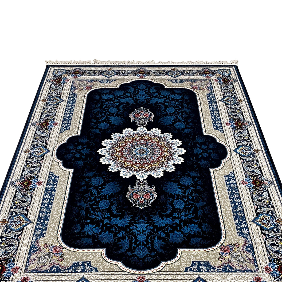 Close-up: navy blue Oriental rug with a large decorative medallion and floral motifs