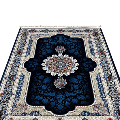Close-up: navy blue Oriental rug with a large decorative medallion and floral motifs