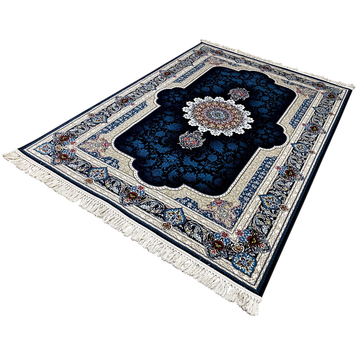 Navy blue oriental rug with border, central medallion, and fringes along the edge