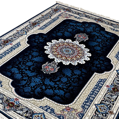 Close-up of the central medallion on a navy-blue Oriental rug with ornaments