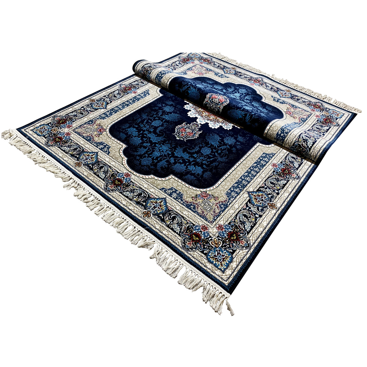 Rolled navy blue oriental rug with a border pattern and fringes