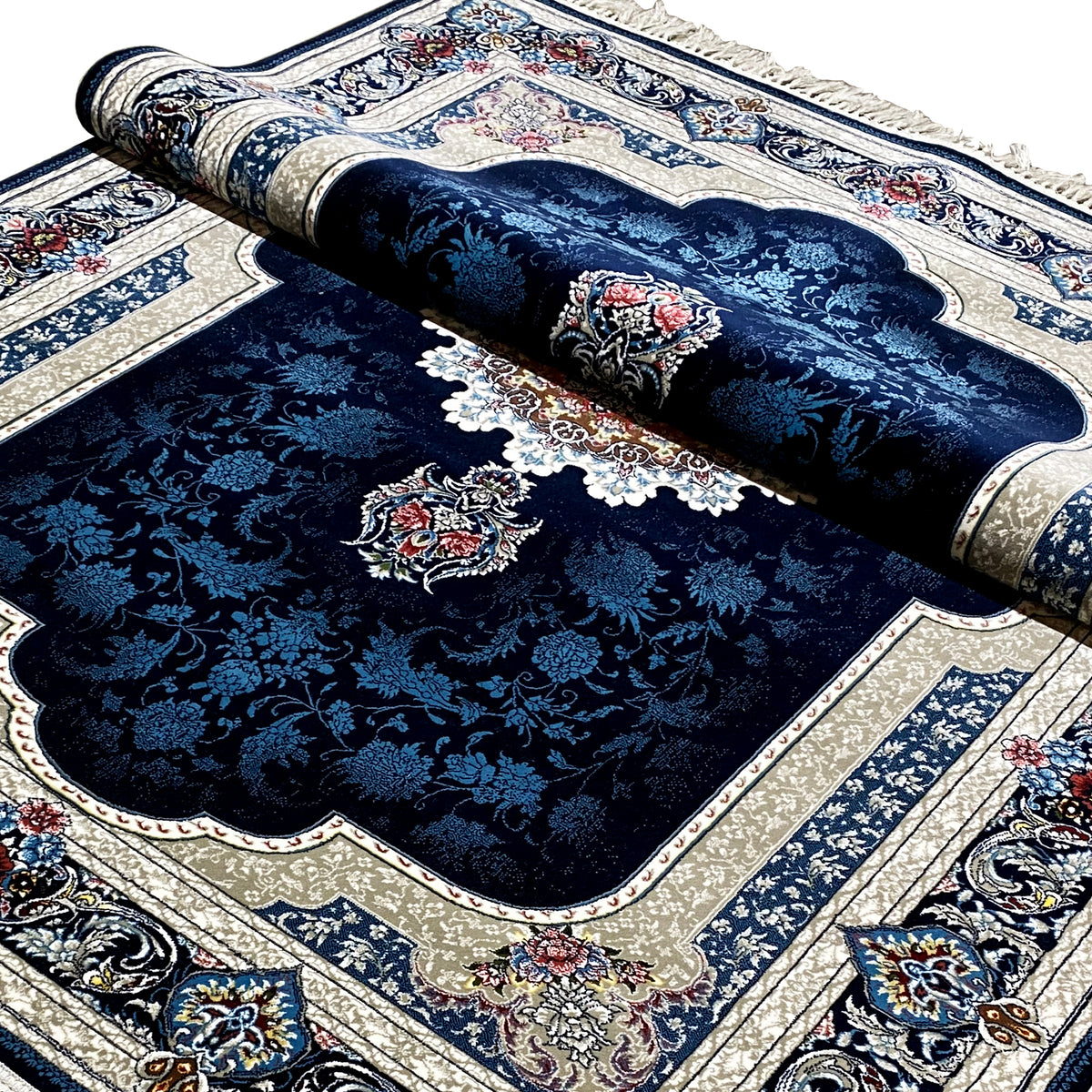 Rolled oriental rug: navy-blue pattern with a decorative medallion and border edges