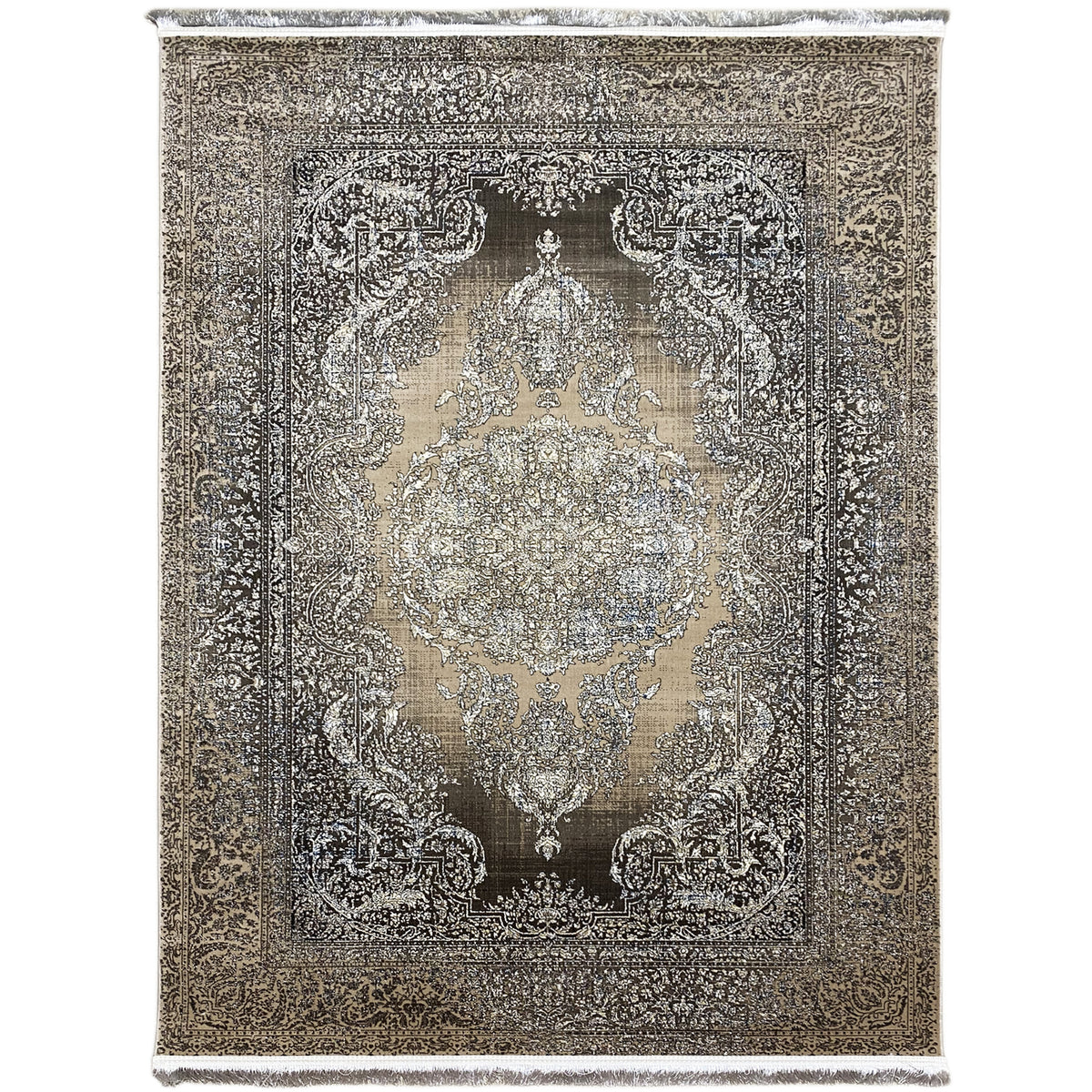 Rug 170x240 cm with a silver paisley medallion, dark border, and fringe