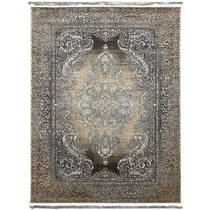 Rug 170x240 cm with a silver paisley medallion, dark border, and fringe