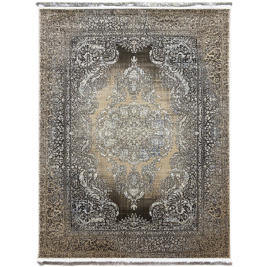 Rug 170x240 cm with a silver paisley medallion, dark border, and fringe