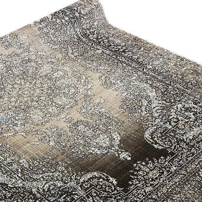 Beige rug with silver and black ornaments, fine detailed texture