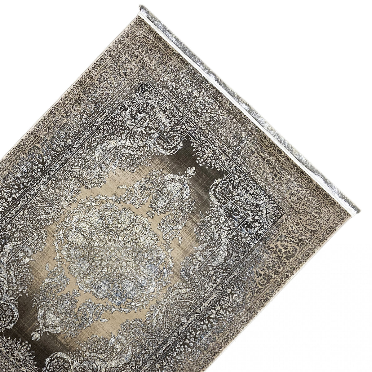 Rug corner 170x240 cm with a silver ornamental pattern and dark border, with fringes