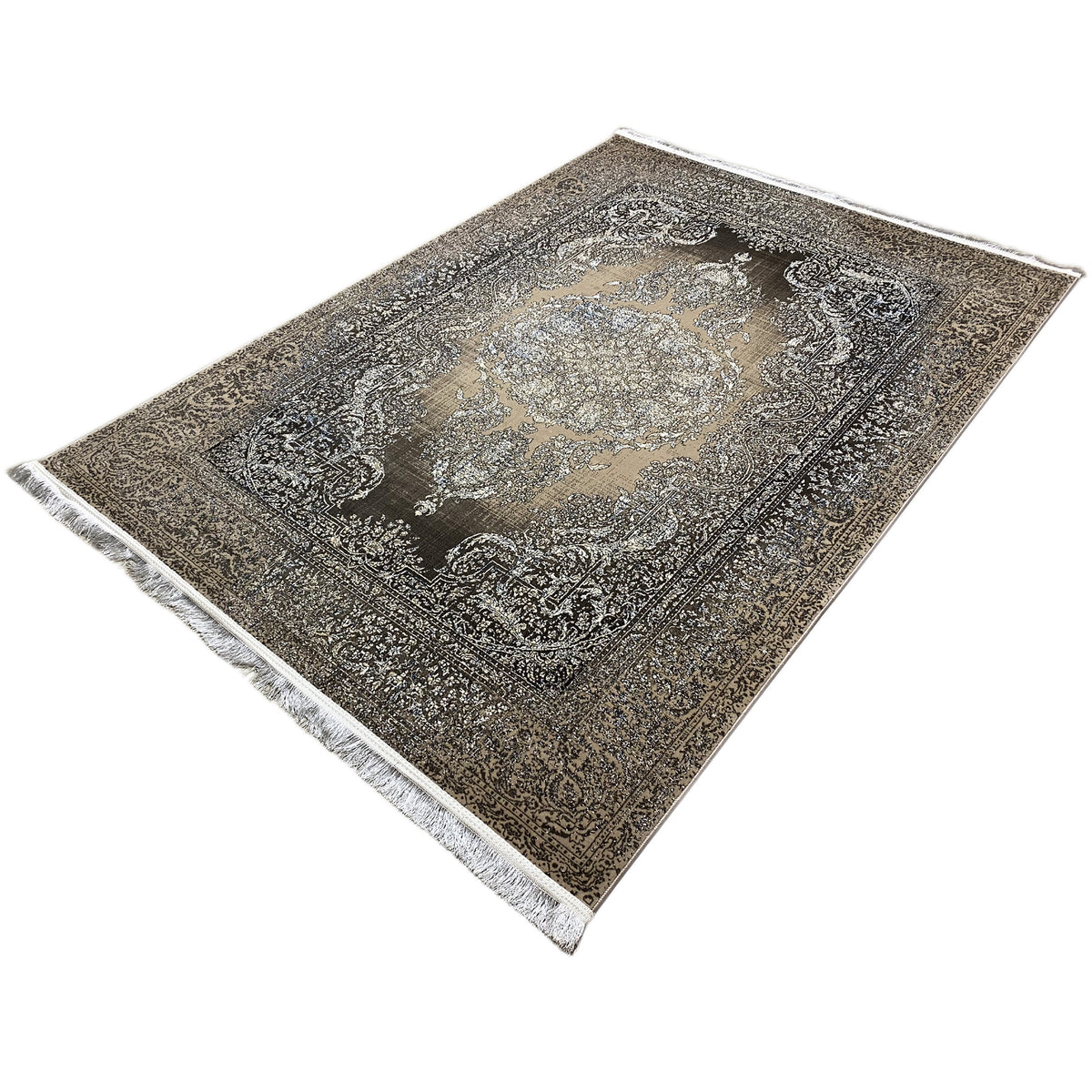 Rug 170x240 cm, angled, silver-colored embellishments in the central medallion, with fringe