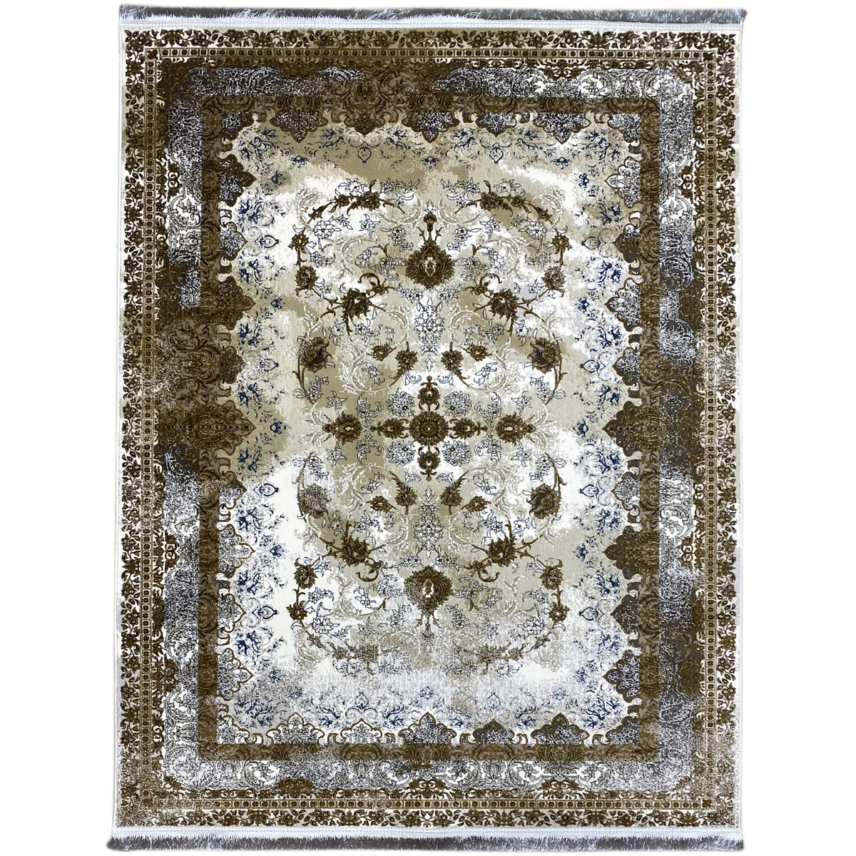 Rug 170x240 cm with baroque ornamental pattern in cream, brown, and blue