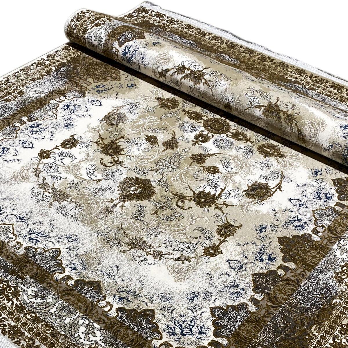 Rug 170x240 cm, rolled up: ornaments in cream, brown and blue visible