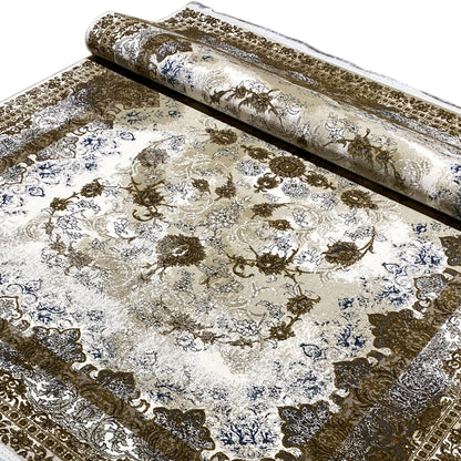 Rug 170x240 cm, rolled up: ornaments in cream, brown and blue visible
