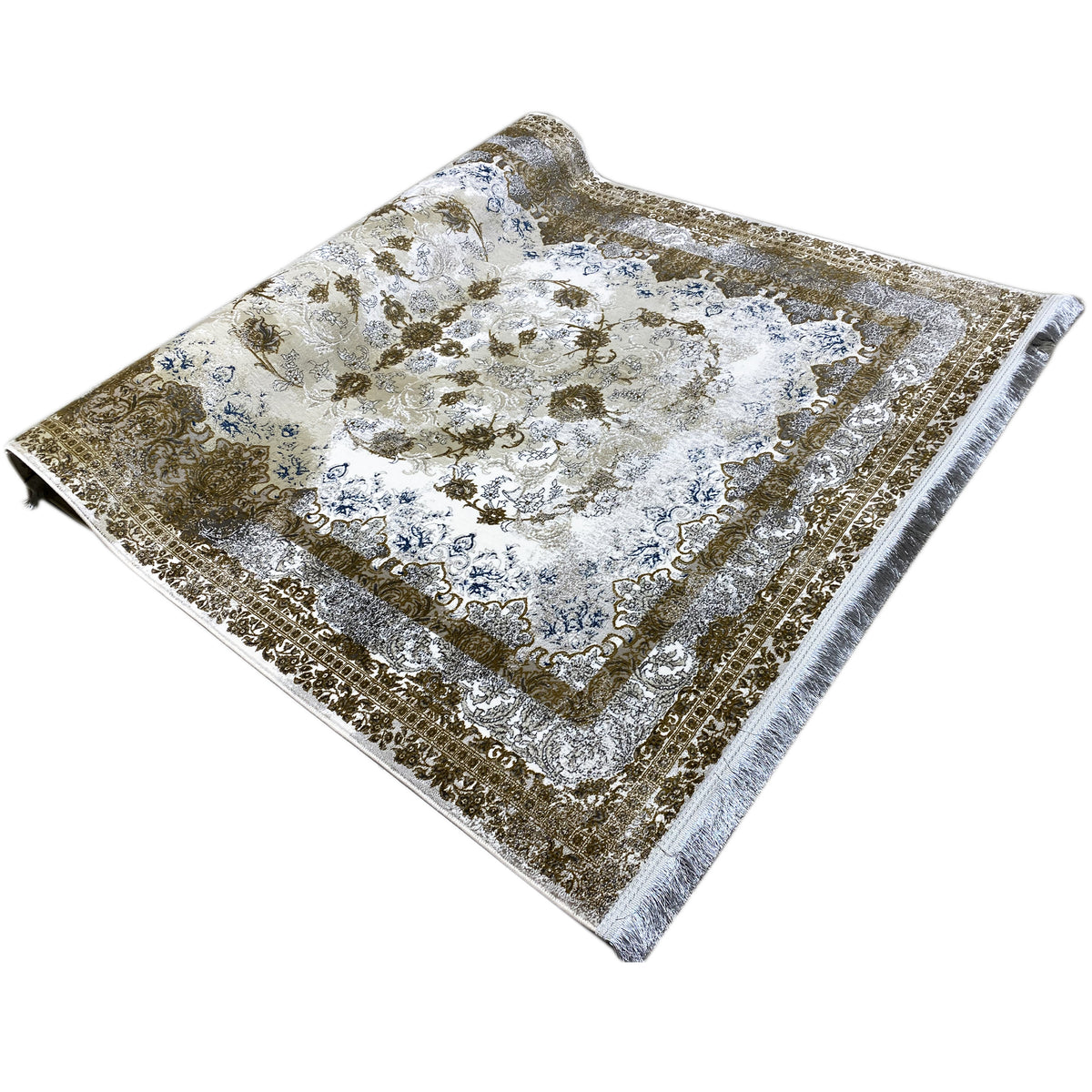 Beige rug 170x240 cm with a golden-brown and blue ornamental pattern, spread out