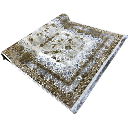 Beige rug 170x240 cm with a golden-brown and blue ornamental pattern, spread out