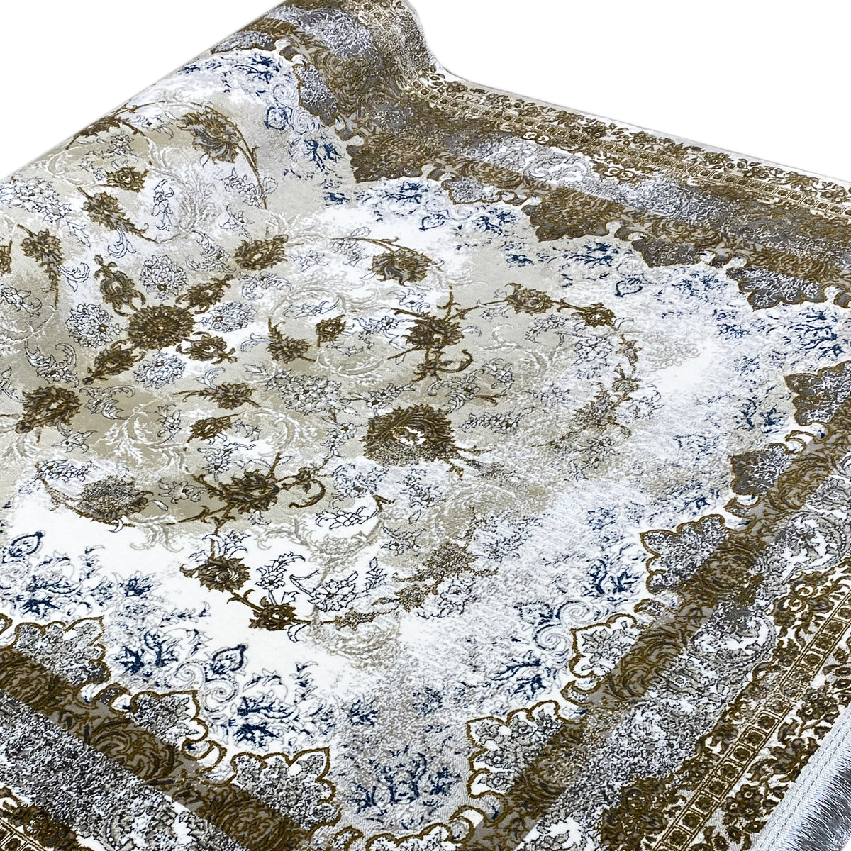 Beige rug with gold-brown and blue Baroque ornamental pattern, oblique view