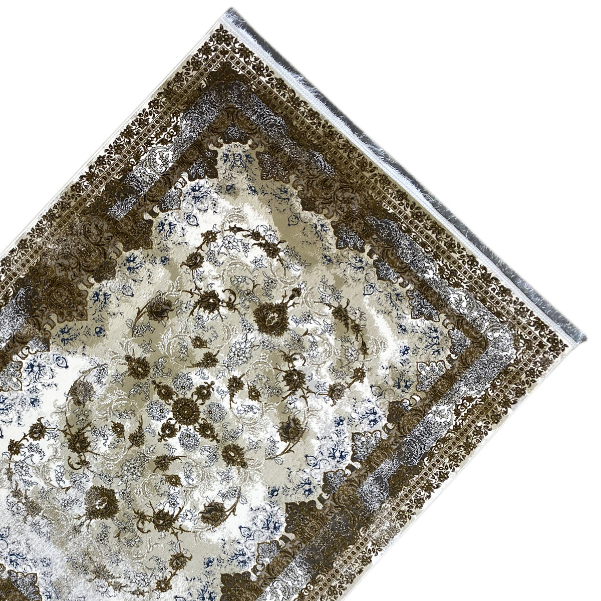 Rug 170x240 cm, diagonal view: cream-colored ornament in brown and blue