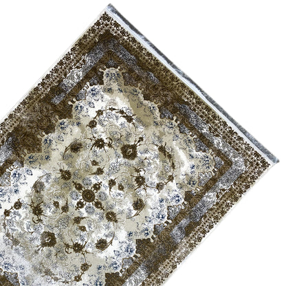 Rug 170x240 cm, diagonal view: cream-colored ornament in brown and blue