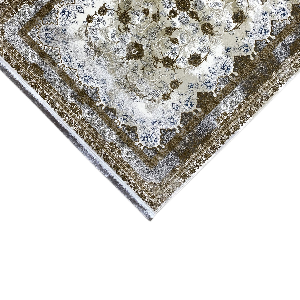 Rug 170x240 cm, close-up of the corner with a silvery frame and ornaments