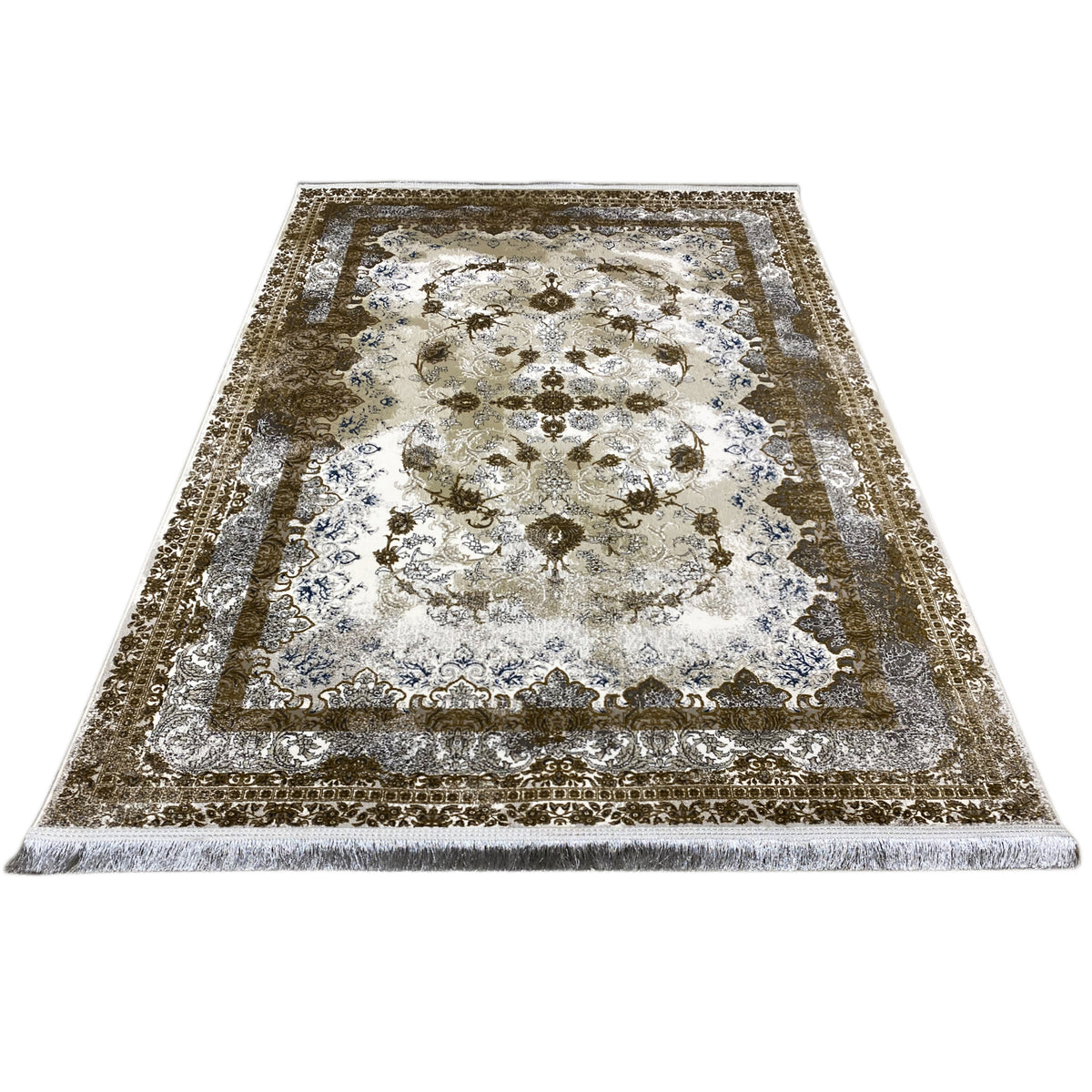 Rug 170x240 cm with a patterned border and central ornament in brown/blue