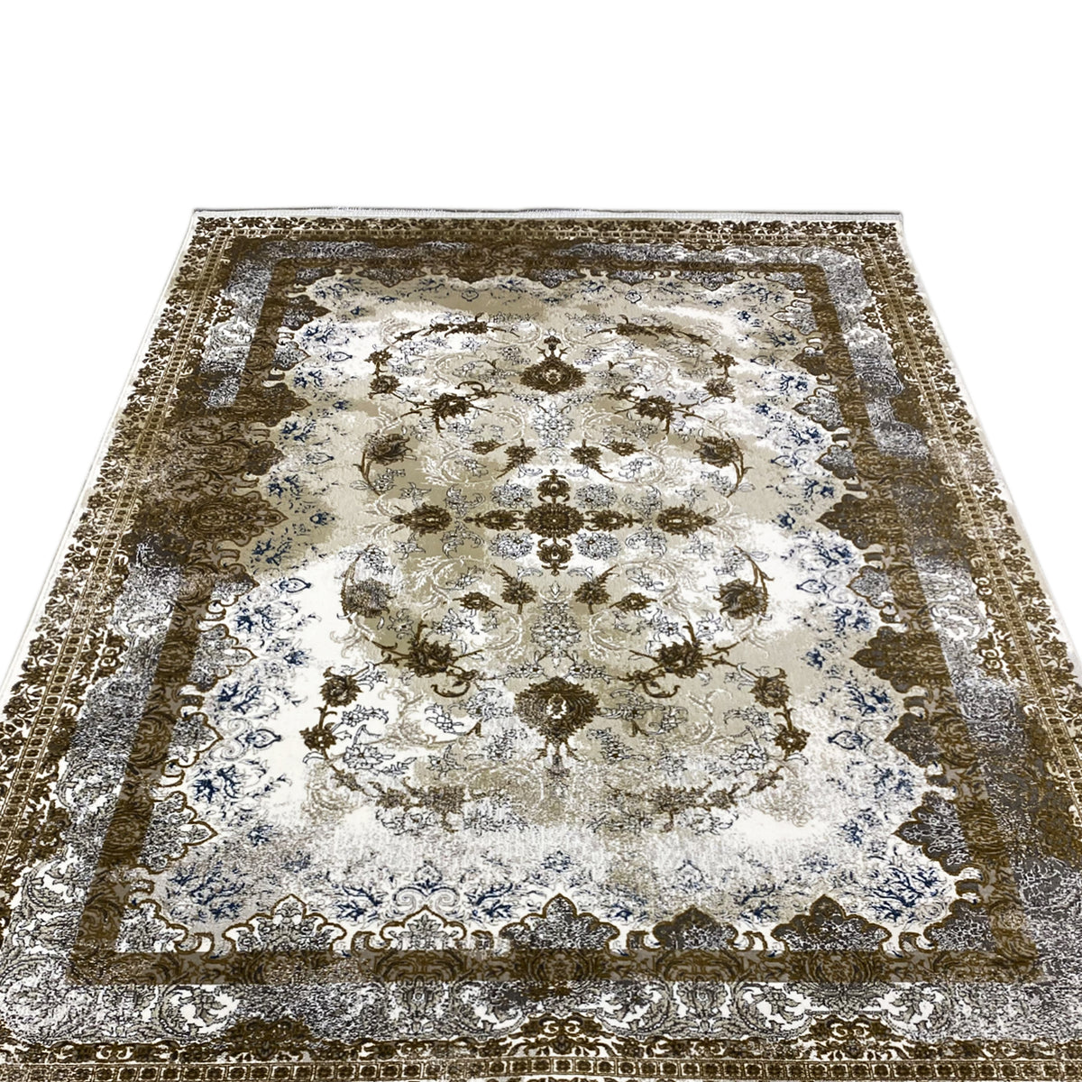 Rug 170x240 cm, front view: central motifs in cream, brown, and blue