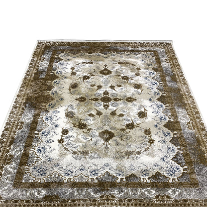 Rug 170x240 cm, front view: central motifs in cream, brown, and blue