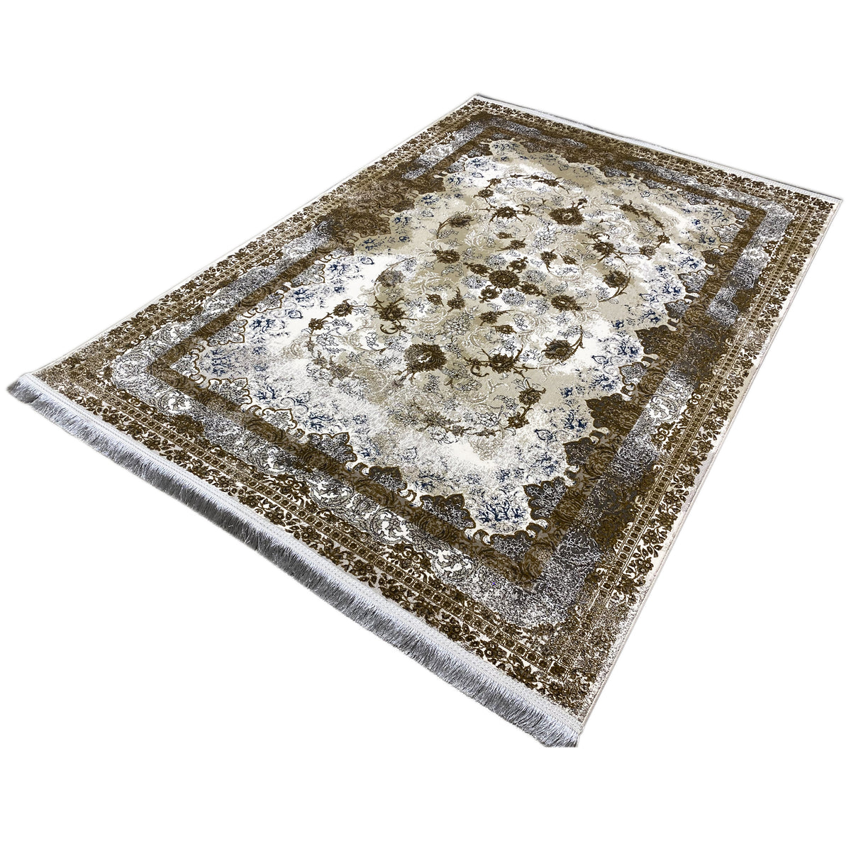 Rug 170x240 cm, placed at an angle: cream background with brown and blue motifs