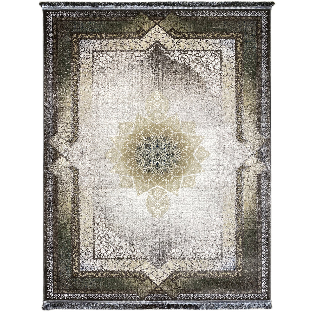 Rug with a star-shaped ornamental pattern in smoky green and gold, 170x240 cm