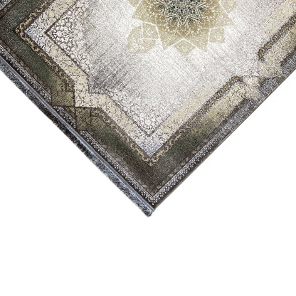 Carpet detail in diamond view: border and star motif in smoke green and gold, 170x240 cm