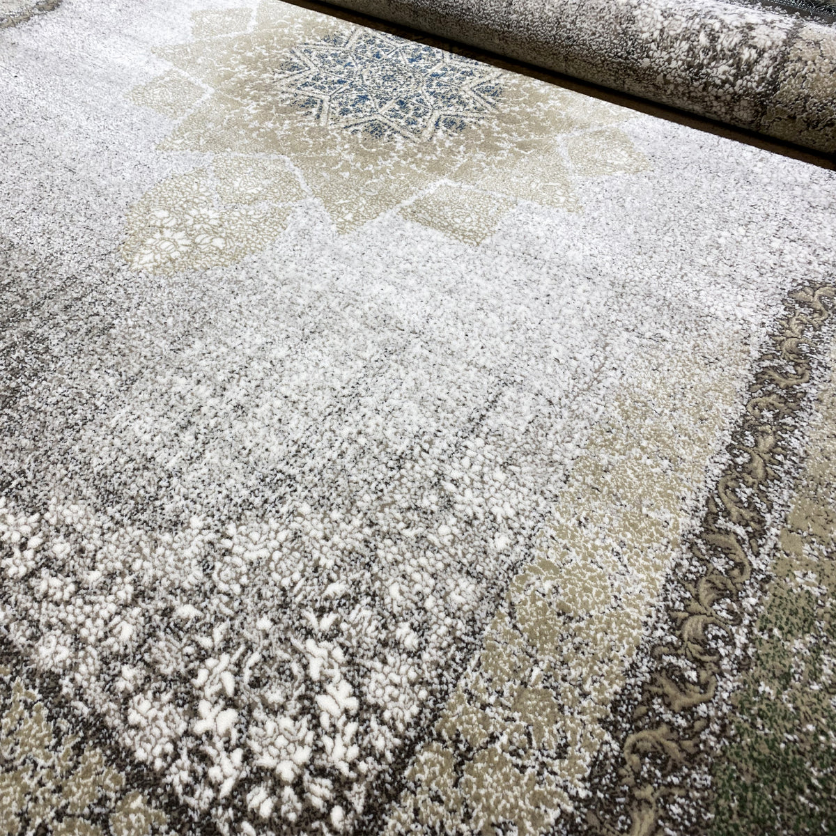 Rug 170x240 cm with star motif, geometric border in smoky green and dark gray