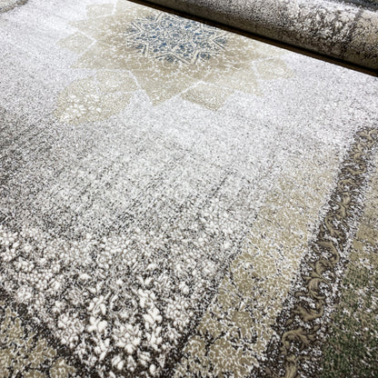 Rug 170x240 cm with star motif, geometric border in smoky green and dark gray