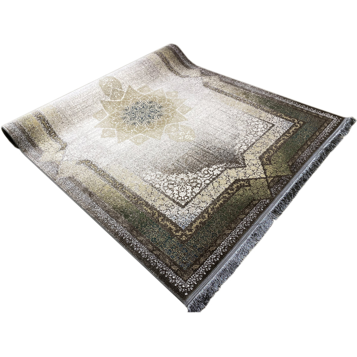 Rug 170x240 cm with central star, vintage look in gray, beige, and smoky green