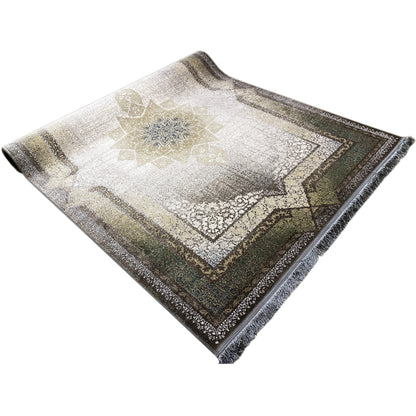 Rug 170x240 cm with central star, vintage look in gray, beige, and smoky green