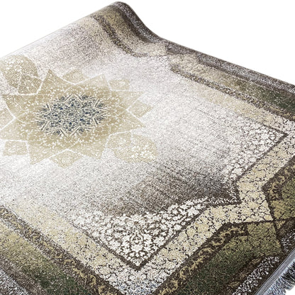 Light beige rug with star emblem, gray border, and mottled pile