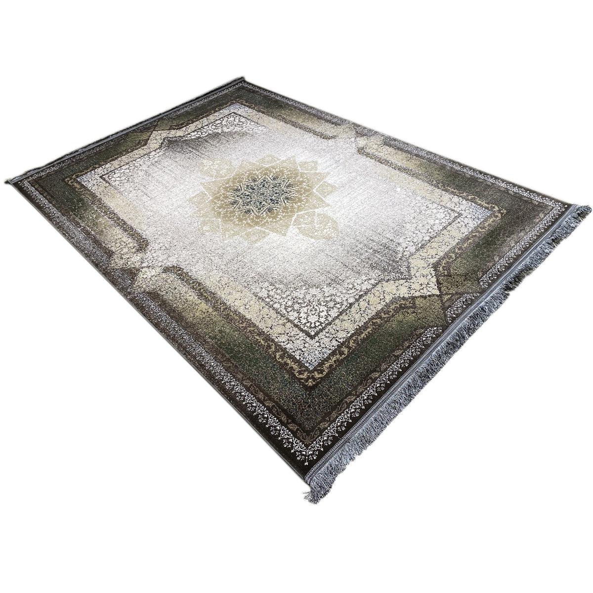 Rug with a star-shaped central motif and surrounding border, smoky green-gold, 170x240 cm