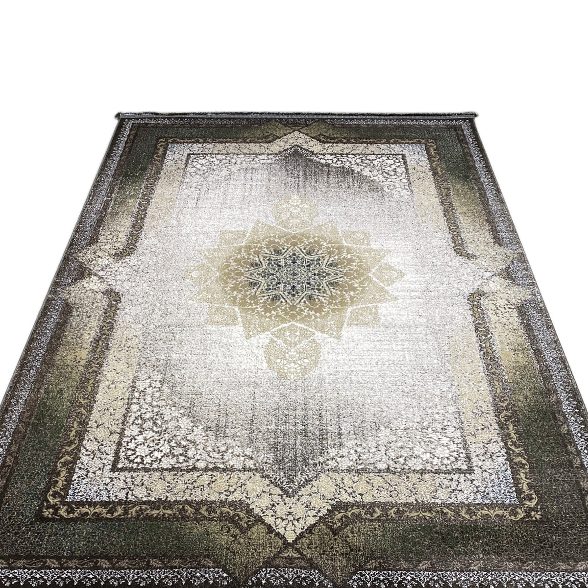 Rug zoom on the central star ornament in smoky green and gold, 170x240 cm