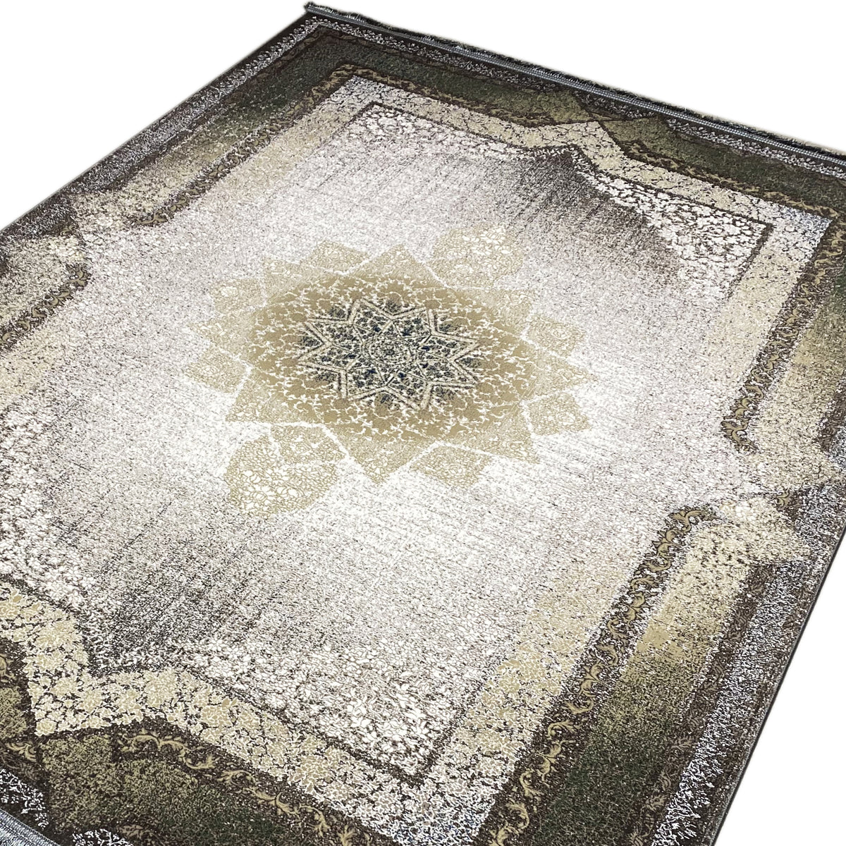 Rug detail: central star motif and gold accents in smoky green, 170x240 cm