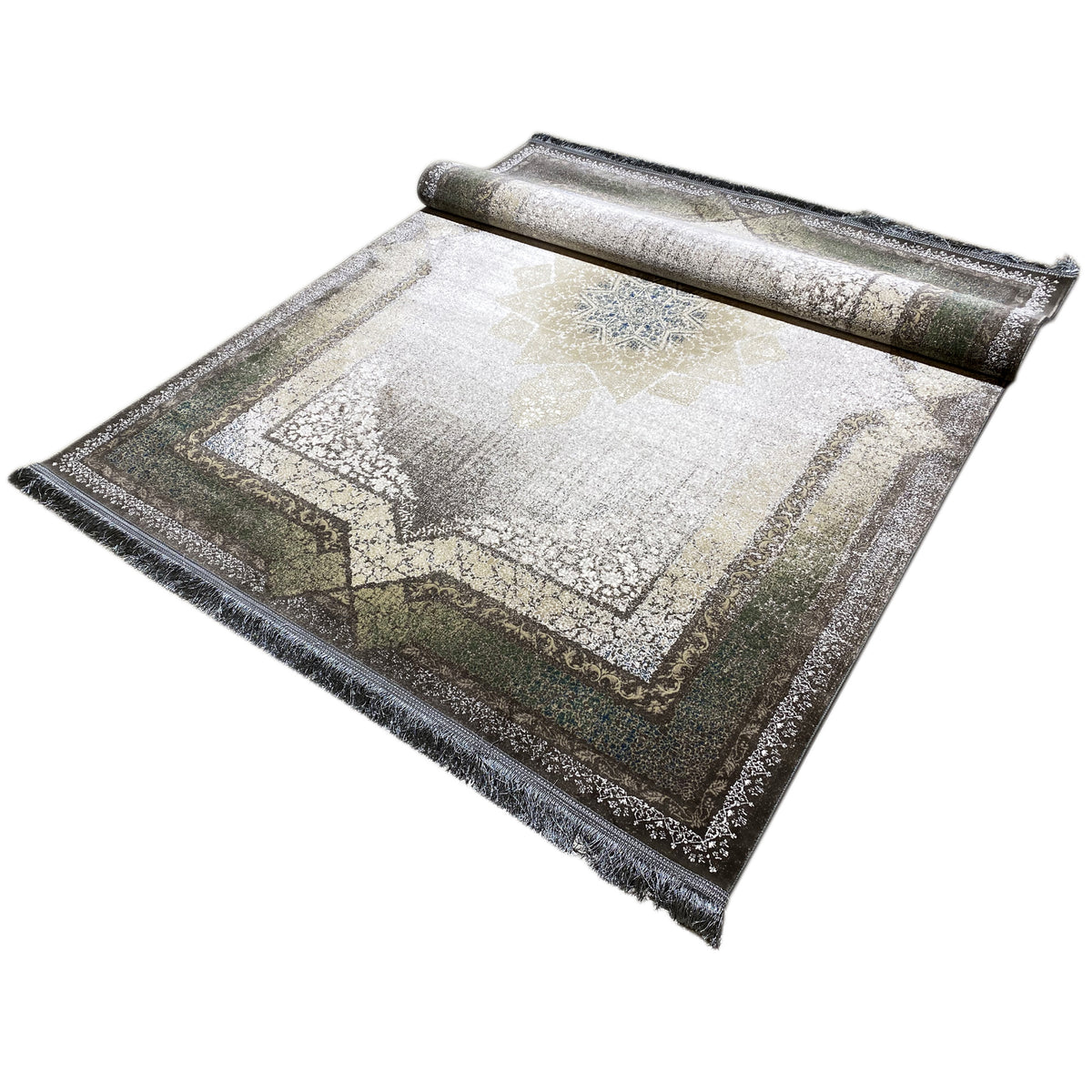 Rug with rolled edge, star pattern, and border in smoke green and gold, 170x240 cm
