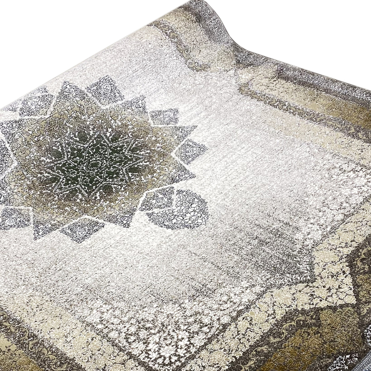 Rug with geometric ornamental insets in light beige-gray, edged in gray/black