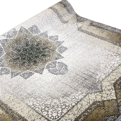 Rug with geometric ornamental insets in light beige-gray, edged in gray/black