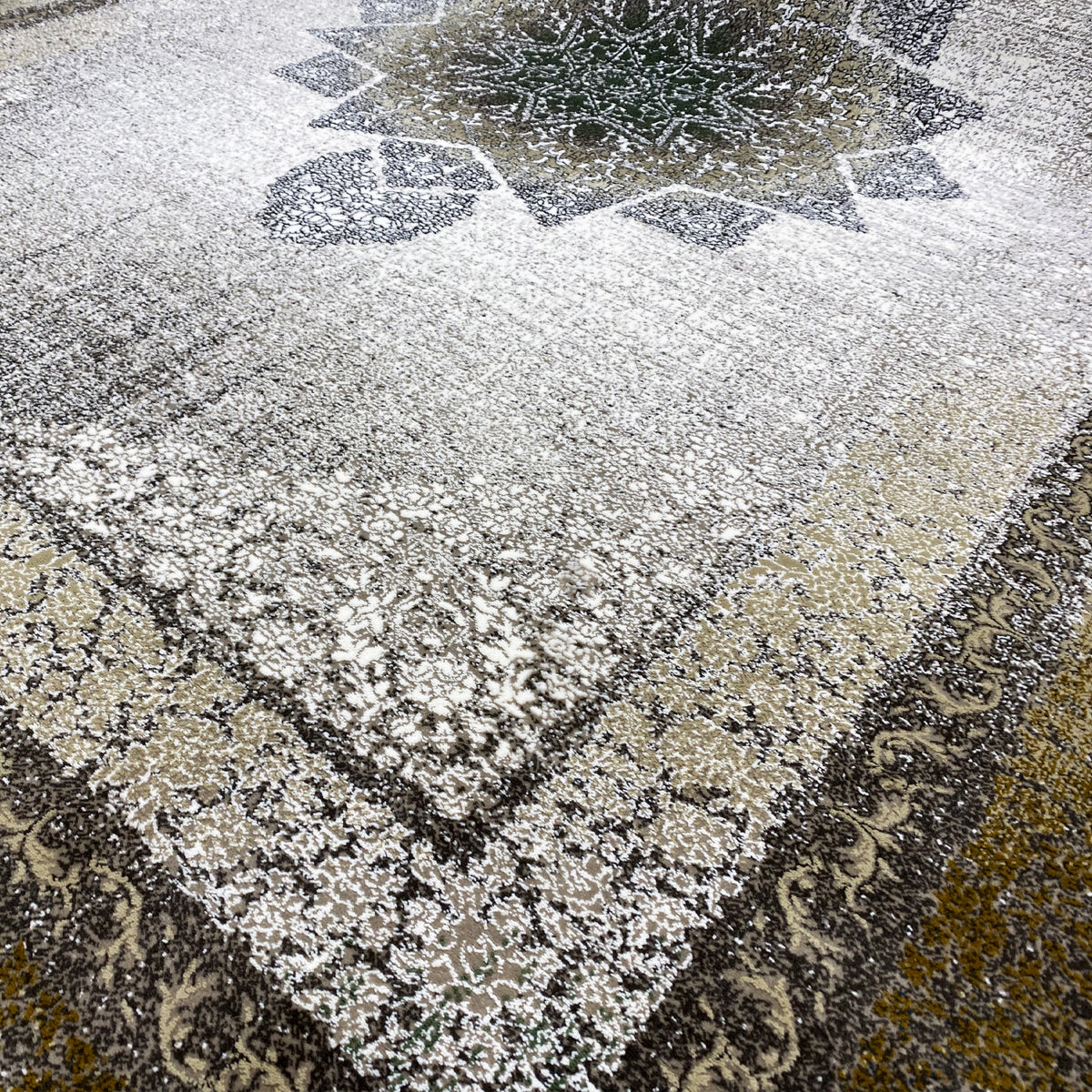 Carpet detail with a silvery fiber look, ornamental pattern, and dark border