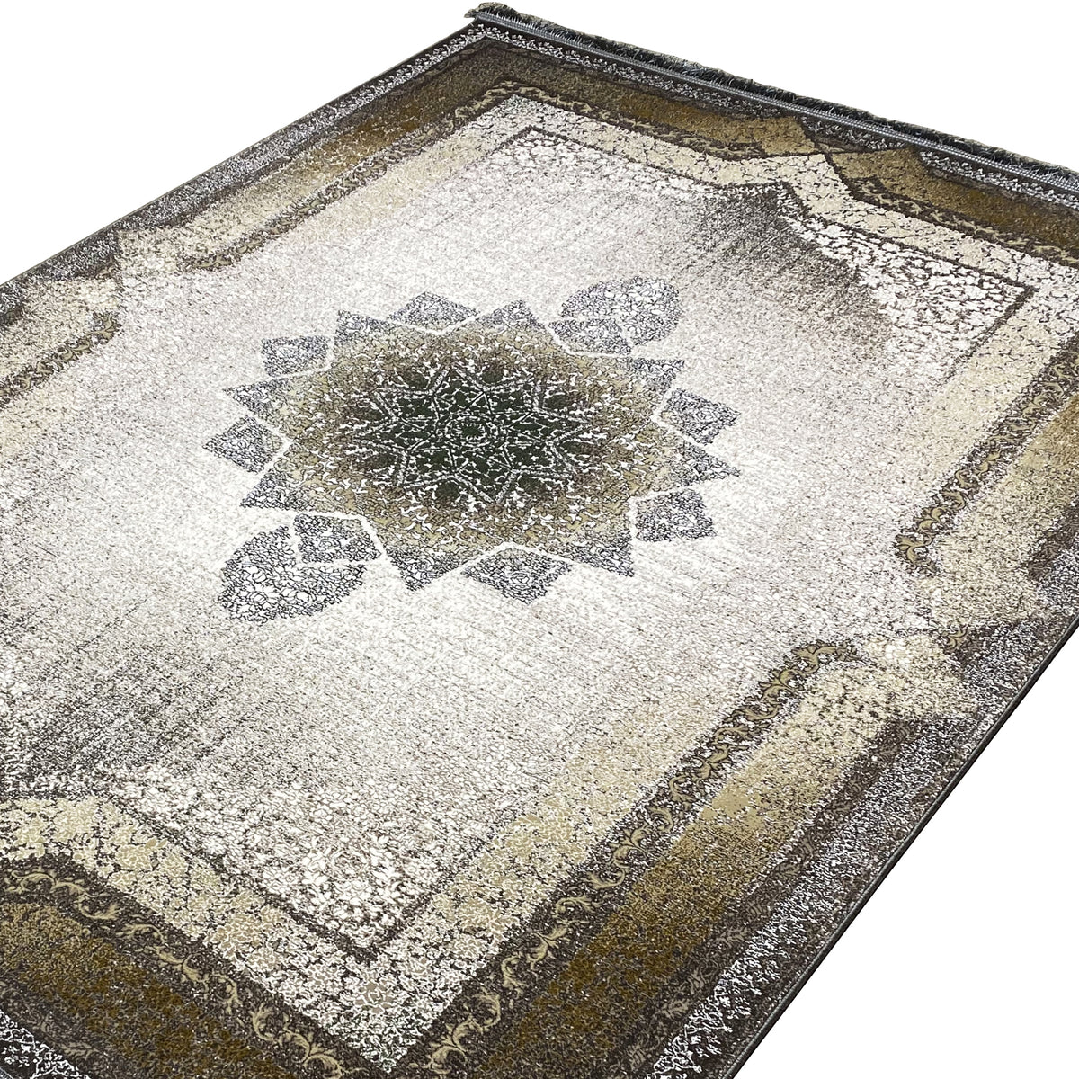 Rug with a detailed medallion, geometric ornaments, and contrasting borders in light and olive gold