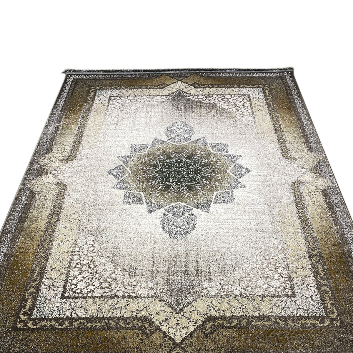 Rug with a large central motif, textured appearance, and stepped borders in light and gold/olive tones