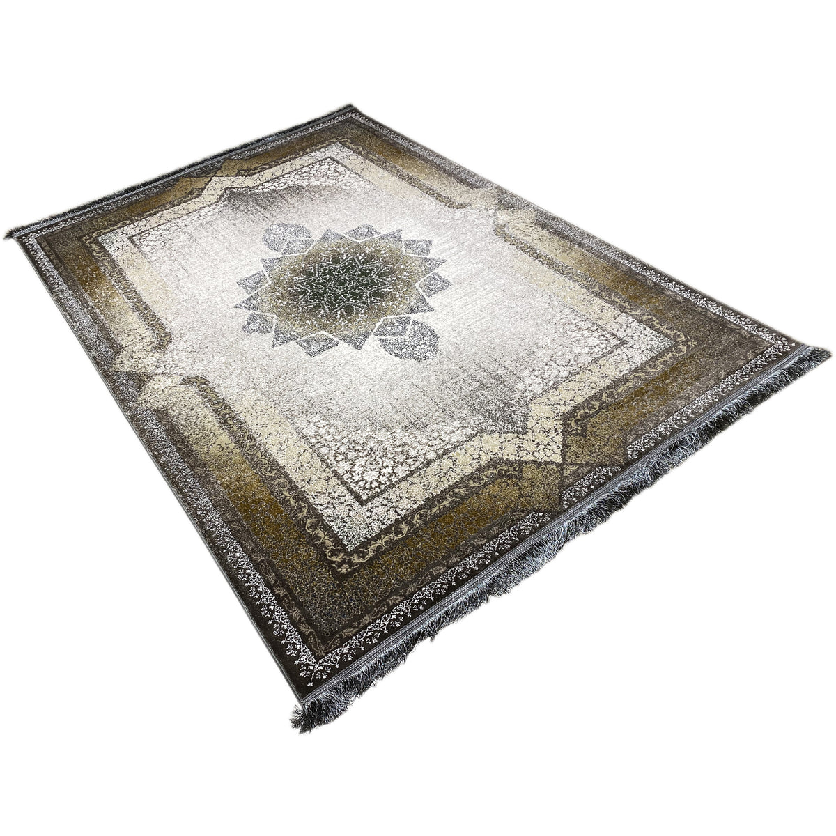 Rug 170x240 cm with diamond/star pattern and border, fine fringes along the edges