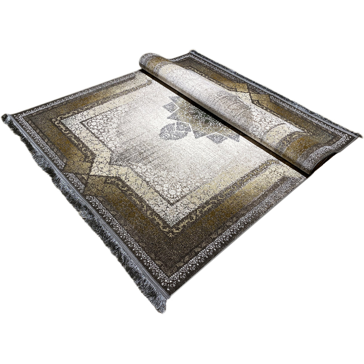 Rolled carpet with a visible ornamental surface and surrounding border in light, dark, and gold tones