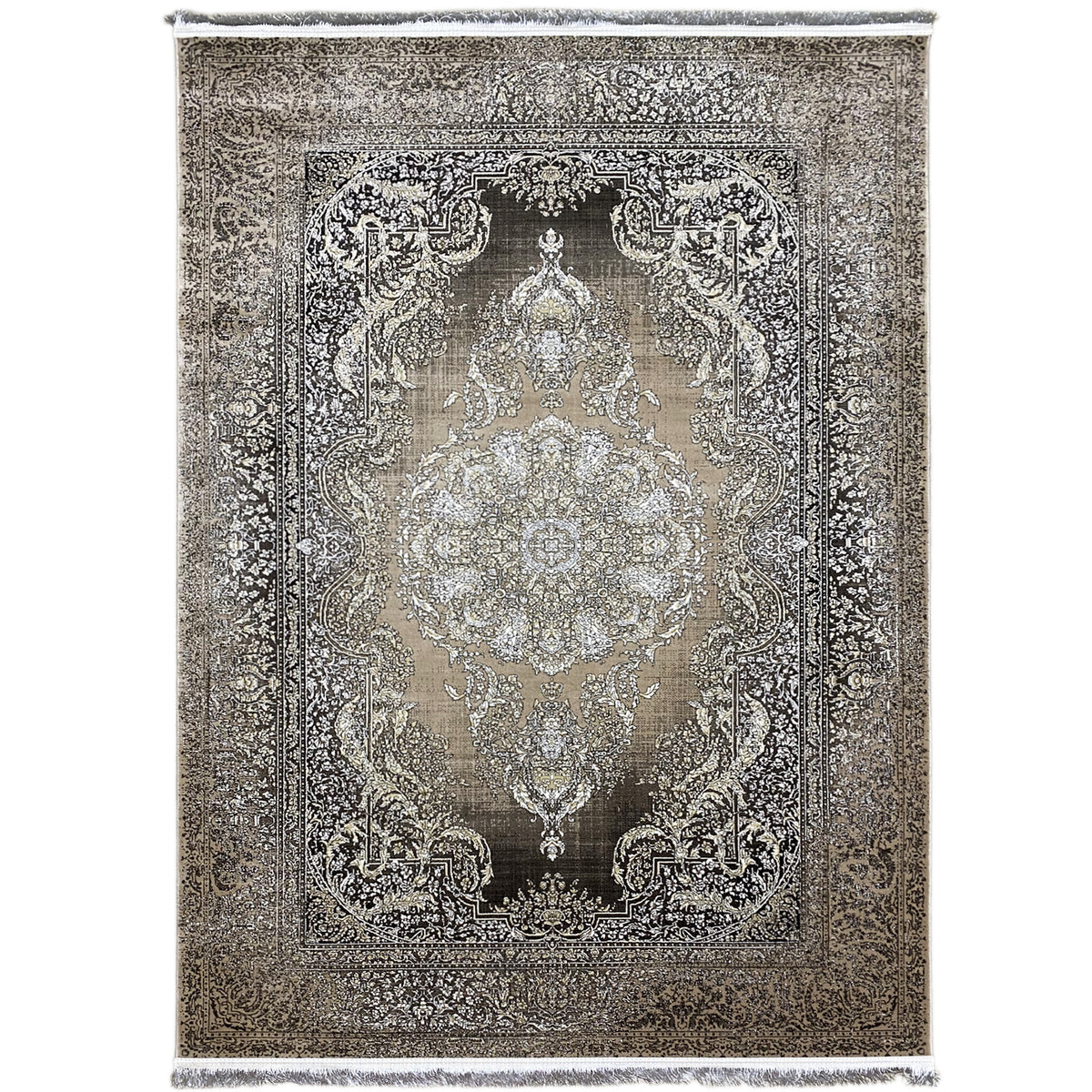 Rug with silver medallion and ornamental border, dark gray and light beige