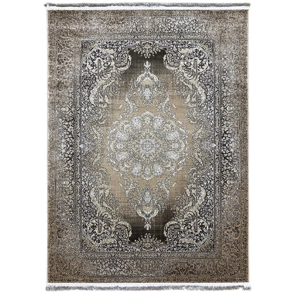 Rug with silver medallion and ornamental border, dark gray and light beige
