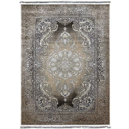 Rug with silver medallion and ornamental border, dark gray and light beige