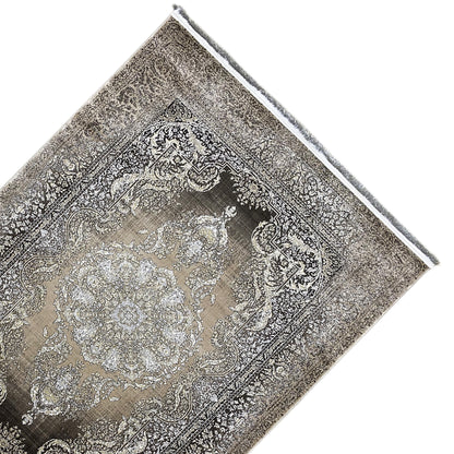 Diagonal rug: silver medallion, ornamental border, dark gray/light beige