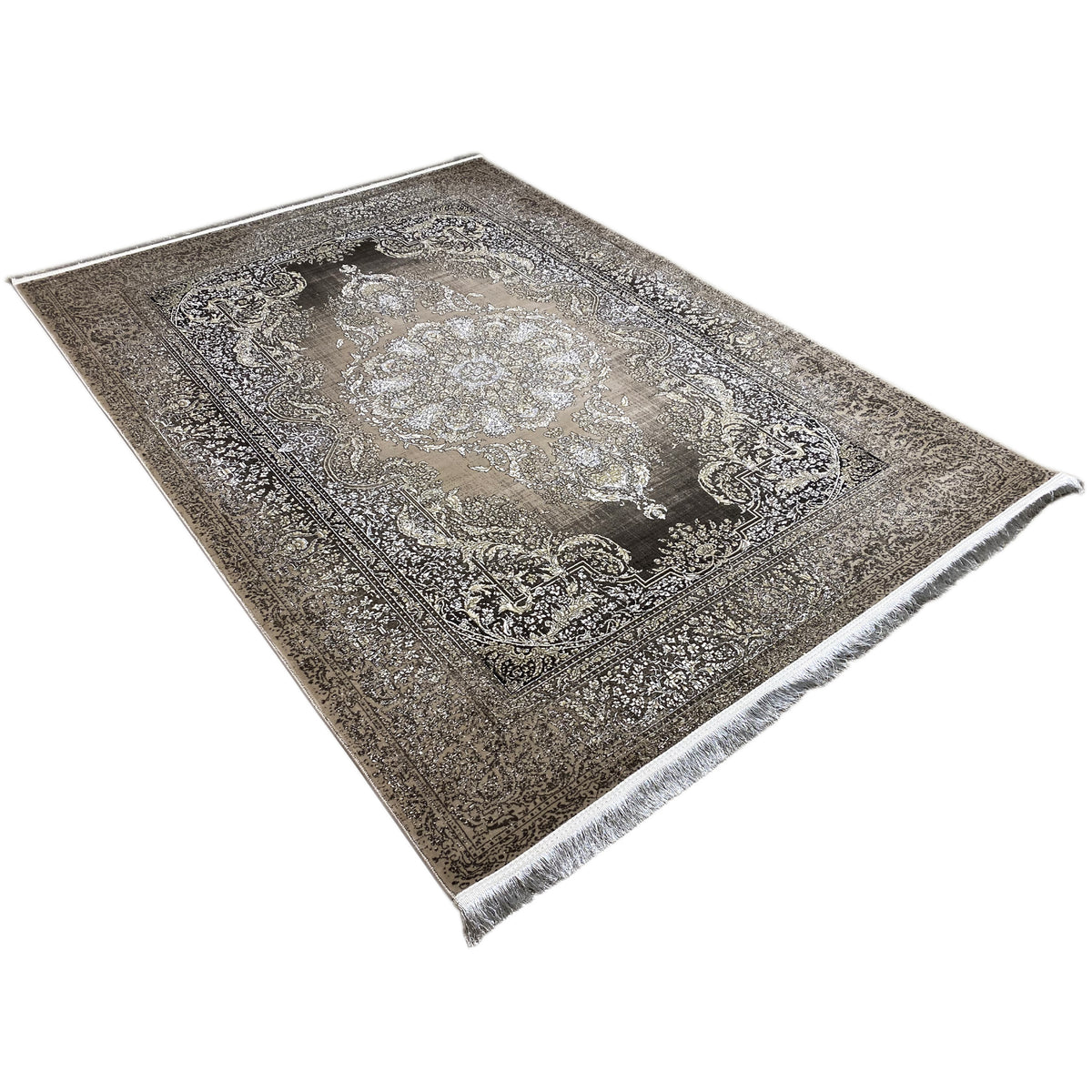 Rectangular rug with a silver central medallion and dark ornamental pattern, with fringes