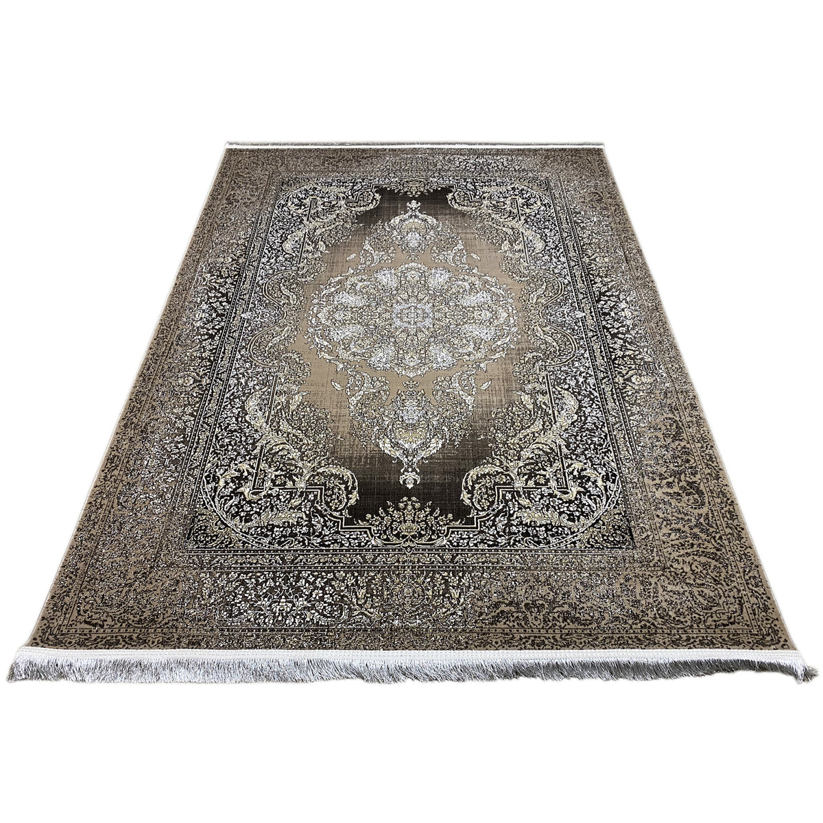 Flat-laid rug: central medallion, richly decorated border, fringed edge
